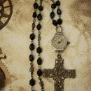 Victorian Paste cross deco watch necklace Black rosary bead necklace