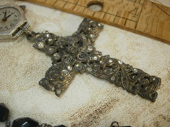 Victorian Paste cross deco watch necklace Black rosary bead necklace