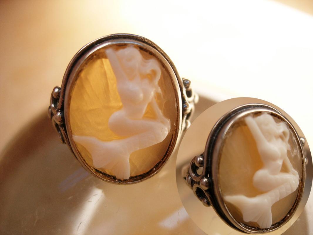 Vintage Sterling Mermaid Cameo Ring Fancy setting hallmarked Mythical Nude Goddess siren