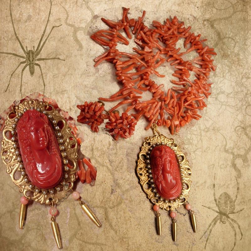 Victorian Cameo necklace antique earrings Branch Coral Edwardian pearls