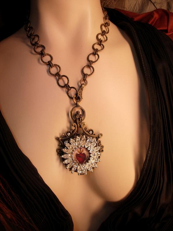 Gothic Sacred Heart Necklace pendant in paste rhinestones and cherub top