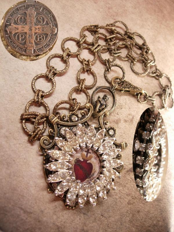 Gothic Sacred Heart Necklace pendant in paste rhinestones and cherub top