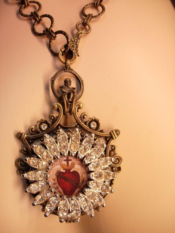 Gothic Sacred Heart Necklace pendant in paste rhinestones and cherub top