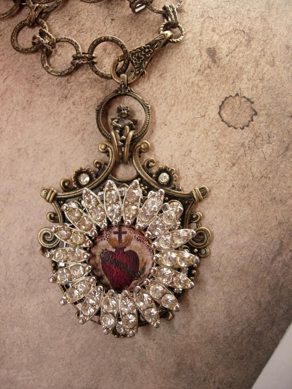 Gothic Sacred Heart Necklace pendant in paste rhinestones and cherub top