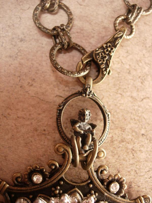 Gothic Sacred Heart Necklace pendant in paste rhinestones and cherub top