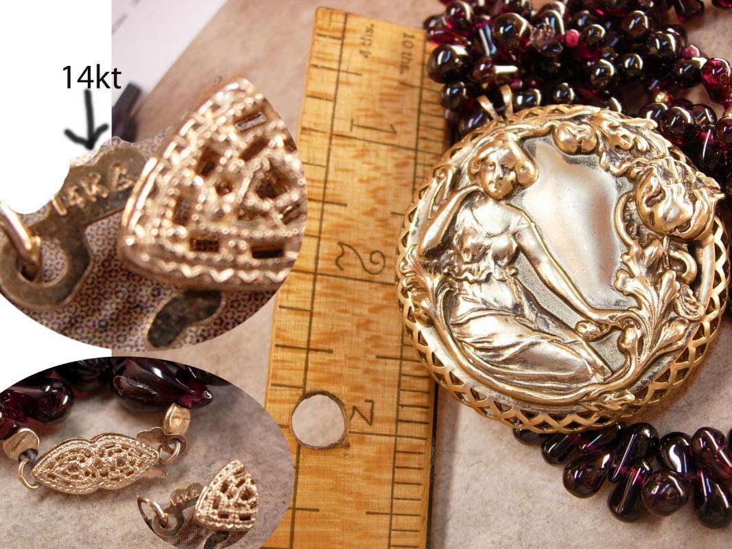 Vintage 40ct Garnet 14kt gold Nouveau Necklace Goddess with Flowers pendant