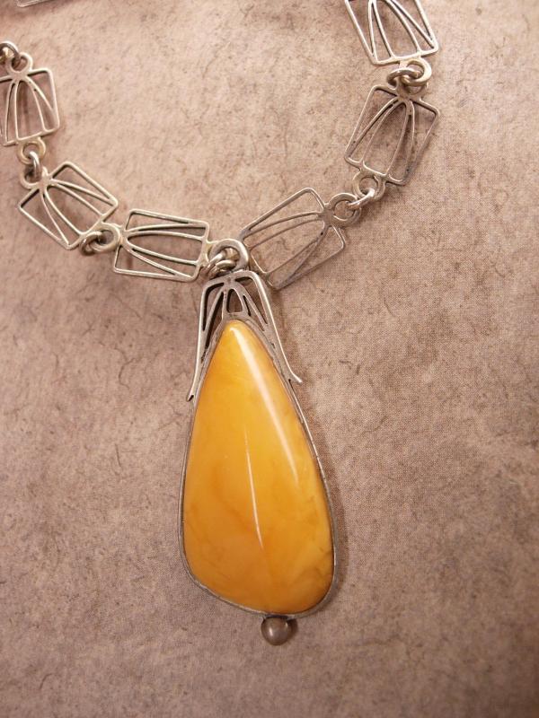 Antique Austro Hungarian amber necklace Butterscotch pendant hallmarked silver and signed