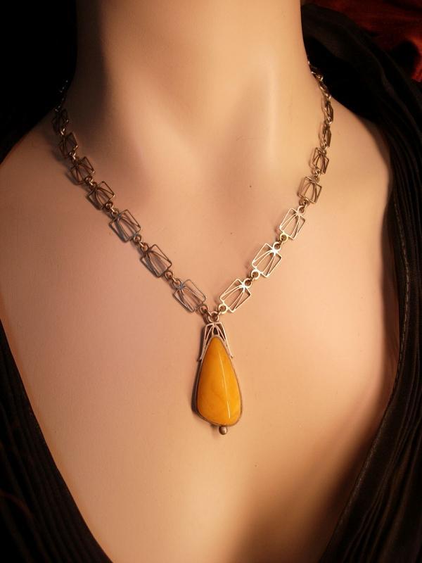 Antique Austro Hungarian amber necklace Butterscotch pendant hallmarked silver and signed