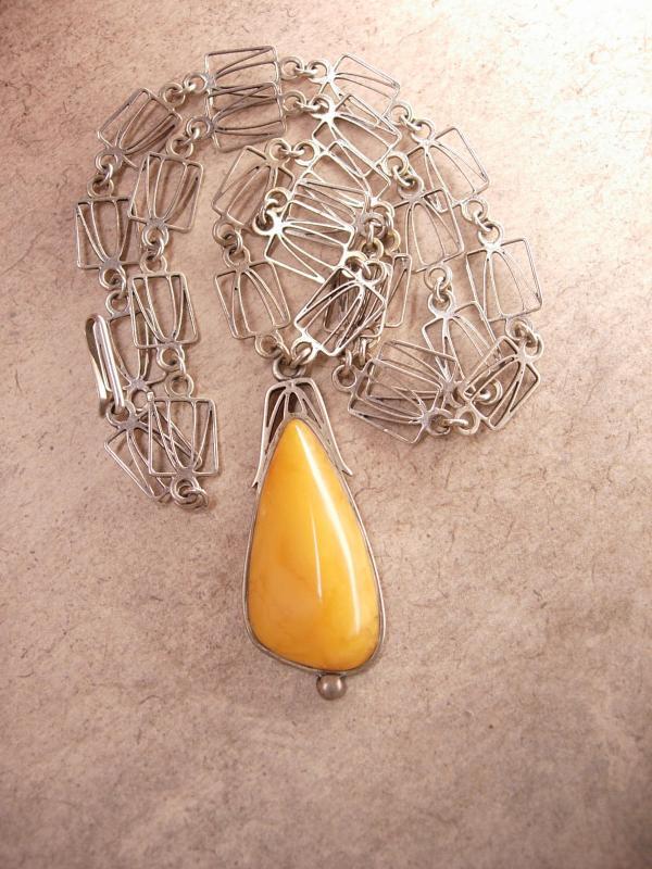 Antique Austro Hungarian amber necklace Butterscotch pendant hallmarked silver and signed