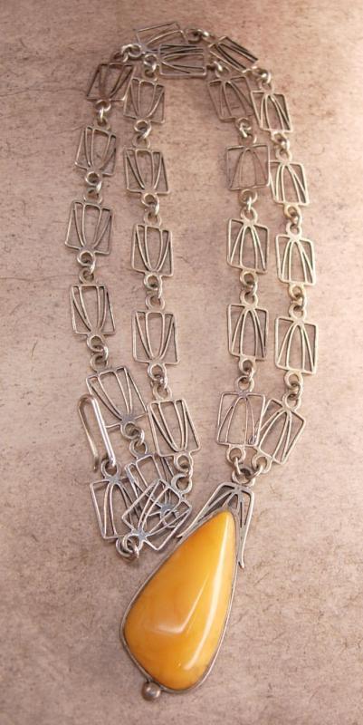 Antique Austro Hungarian amber necklace Butterscotch pendant hallmarked silver and signed