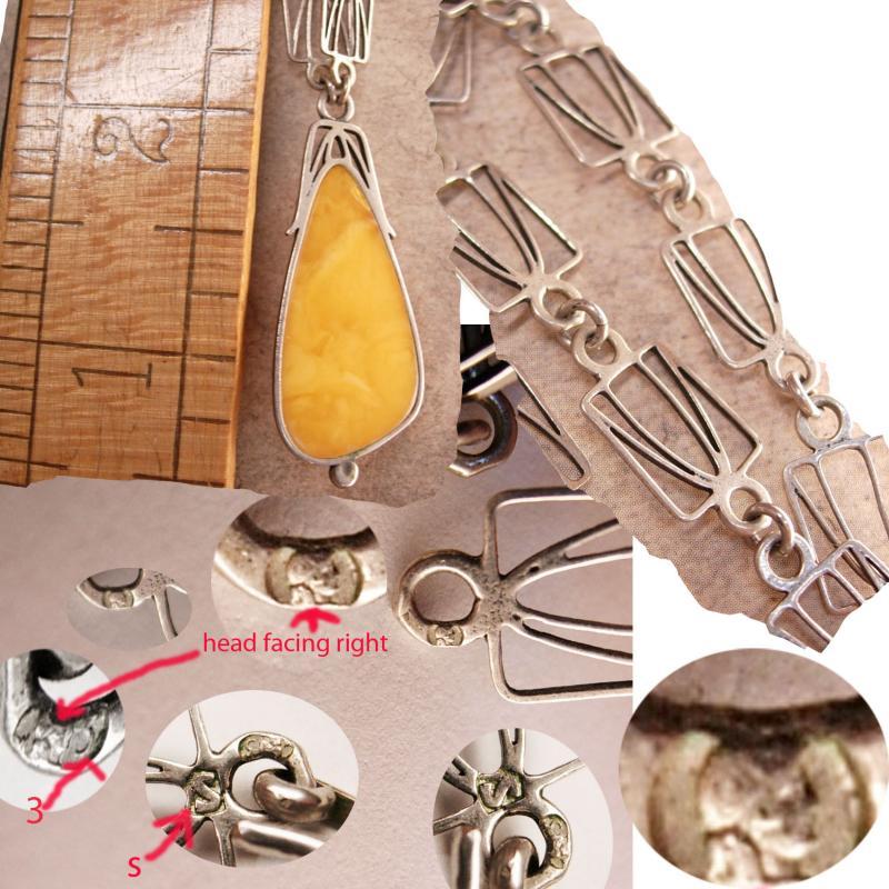 Antique Austro Hungarian amber necklace Butterscotch pendant hallmarked silver and signed
