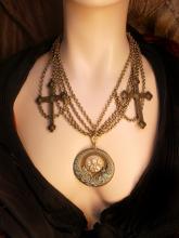 Gothic Rosary Necklace Medieval Cross with festoon swags HUGE Madonna necklace