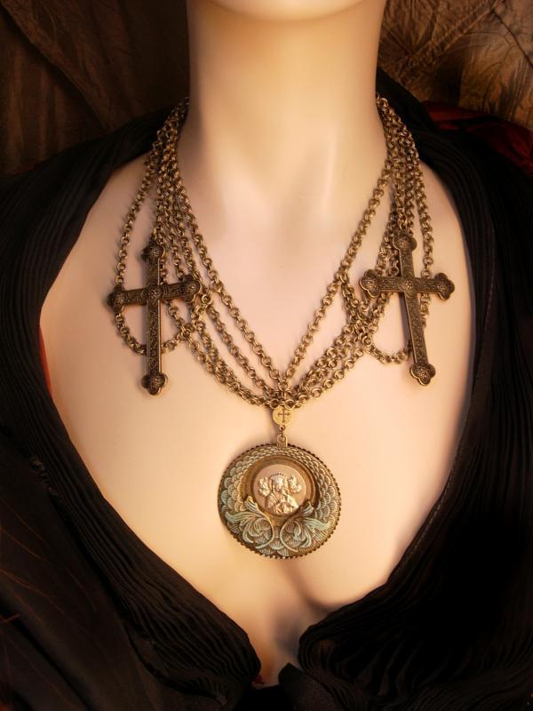 Gothic Rosary Necklace Medieval Cross with festoon swags HUGE Madonna necklace