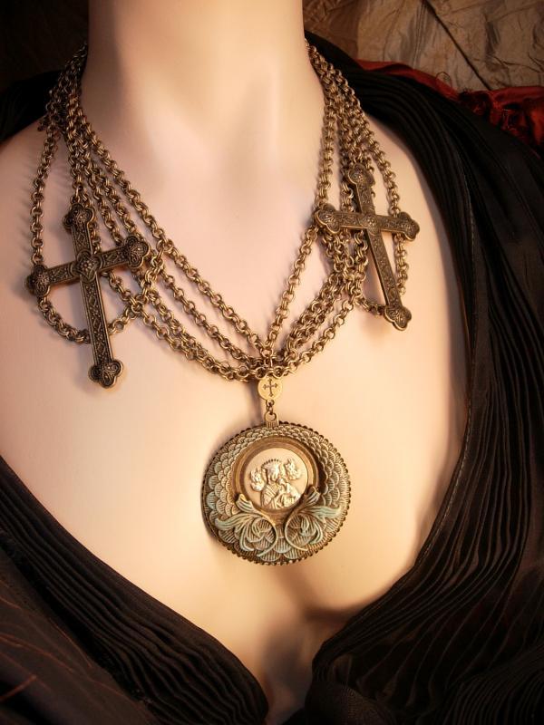 Gothic Rosary Necklace Medieval Cross with festoon swags HUGE Madonna necklace
