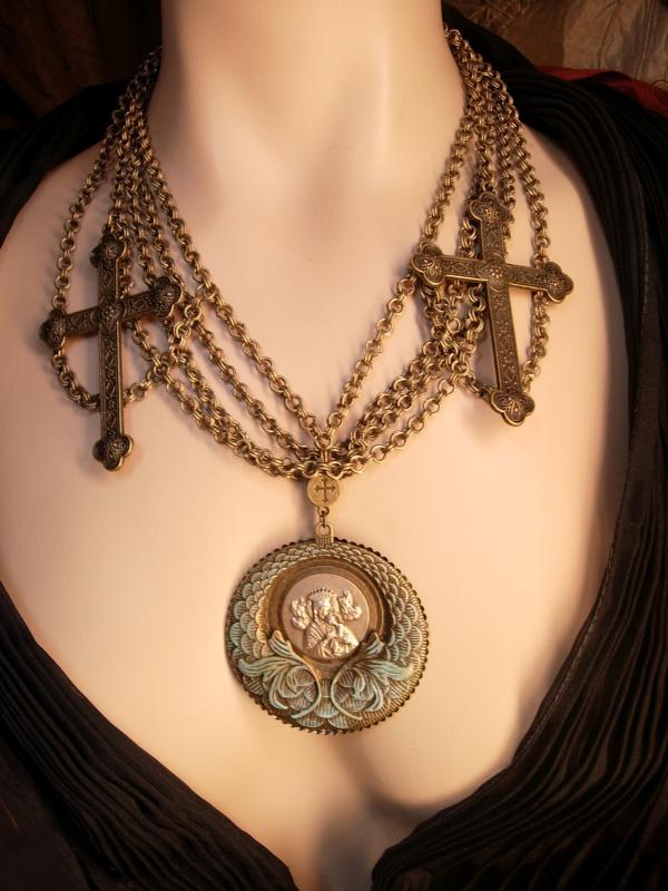 Gothic Rosary Necklace Medieval Cross with festoon swags HUGE Madonna necklace