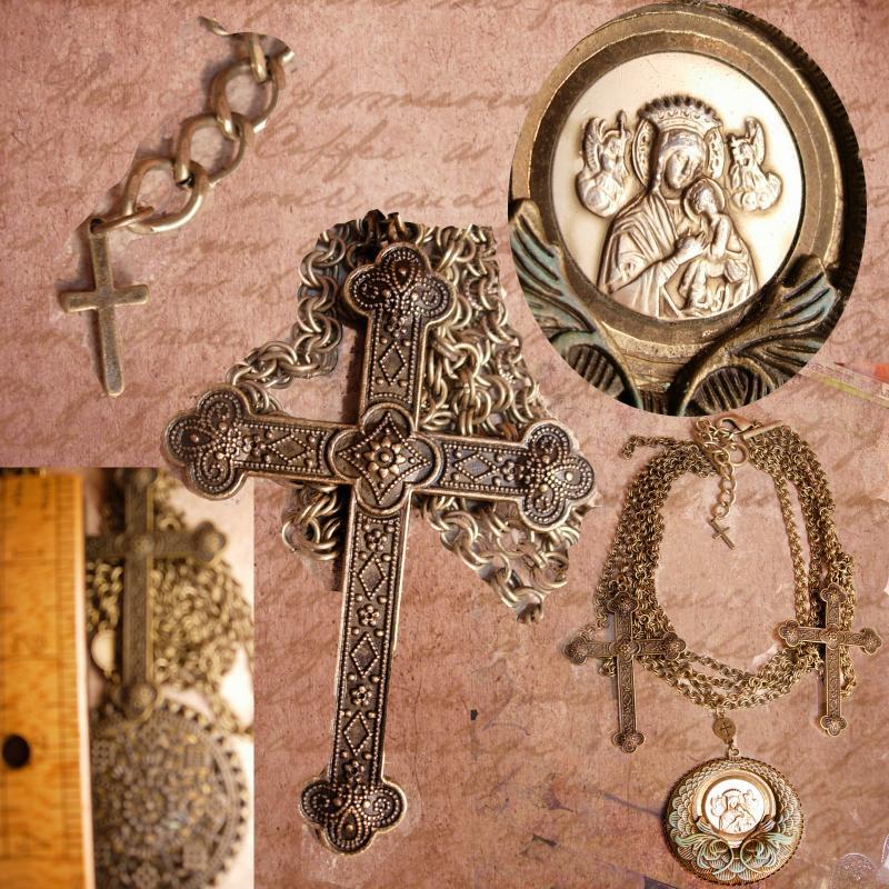 Gothic Rosary Necklace Medieval Cross with festoon swags HUGE Madonna necklace