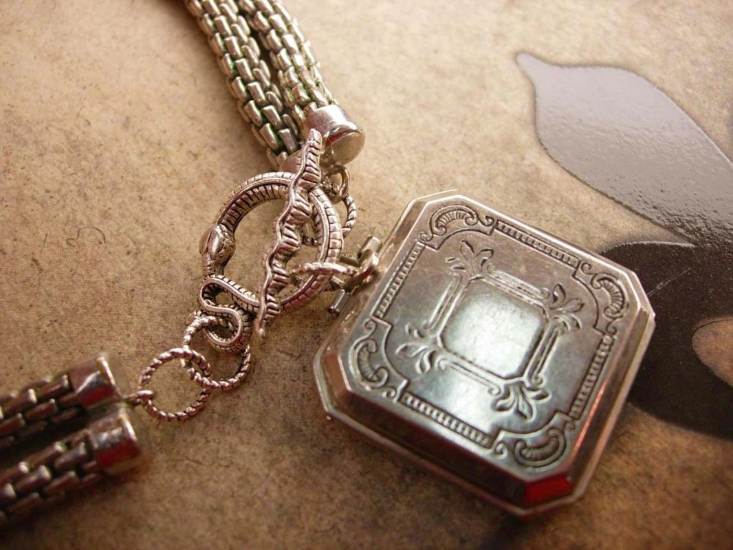 Vintage Coro 4 fold locket necklace heavy snake chain and Snake Clasp