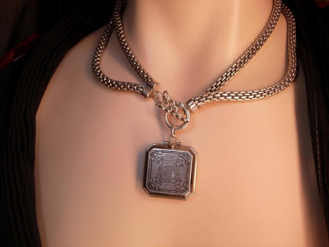 Vintage Coro 4 fold locket necklace heavy snake chain and Snake Clasp