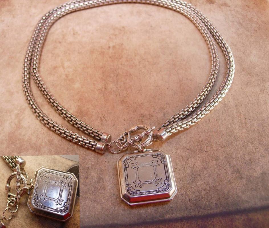 Vintage Coro 4 fold locket necklace heavy snake chain and Snake Clasp