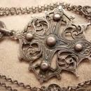 Vintage Sterling Peruzzi Gothic Cross necklace Long ornate silver chain signed medieval cross pendant