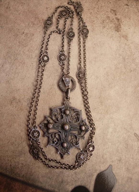 Vintage Sterling Peruzzi Gothic Cross necklace Long ornate silver chain signed medieval cross pendant