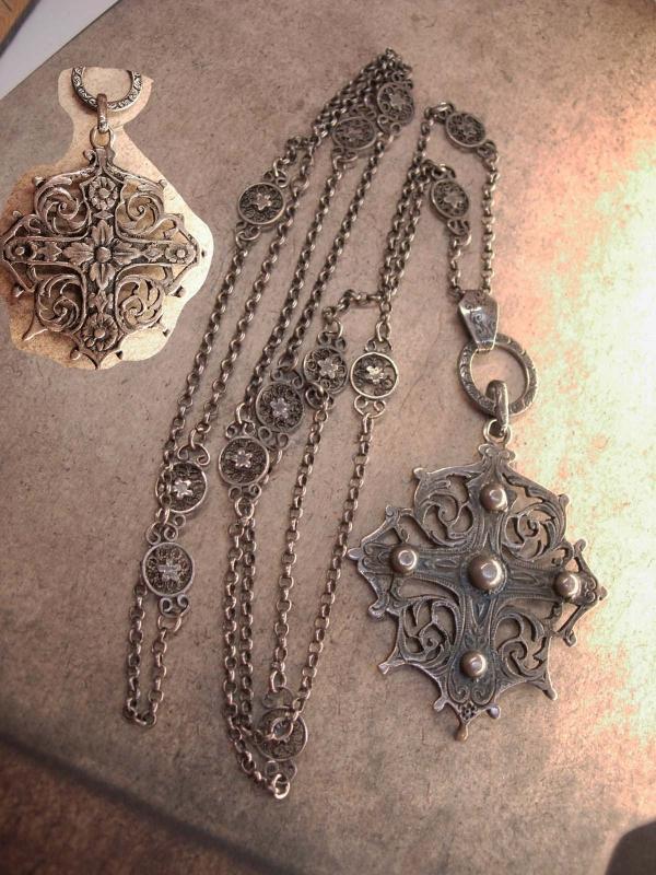 Vintage Sterling Peruzzi Gothic Cross necklace Long ornate silver chain signed medieval cross pendant