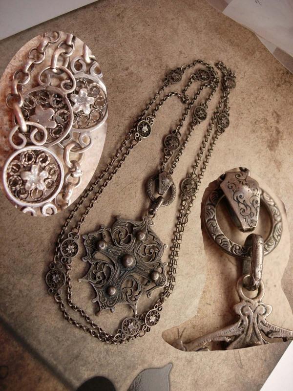 Vintage Sterling Peruzzi Gothic Cross necklace Long ornate silver chain signed medieval cross pendant