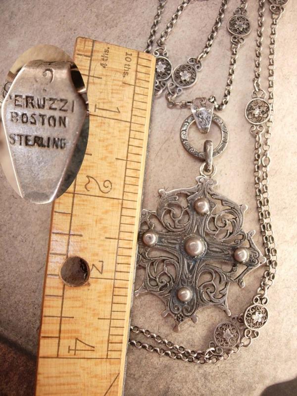 Vintage Sterling Peruzzi Gothic Cross necklace Long ornate silver chain signed medieval cross pendant