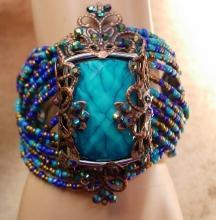 Gypsy Turquoise WIDE cuff bracelet beaded bohemian rhinestones