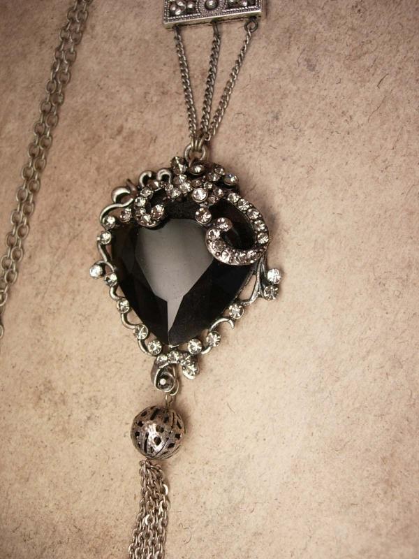 Gothic Black Heart Rosary necklace with tassel in gunmetal