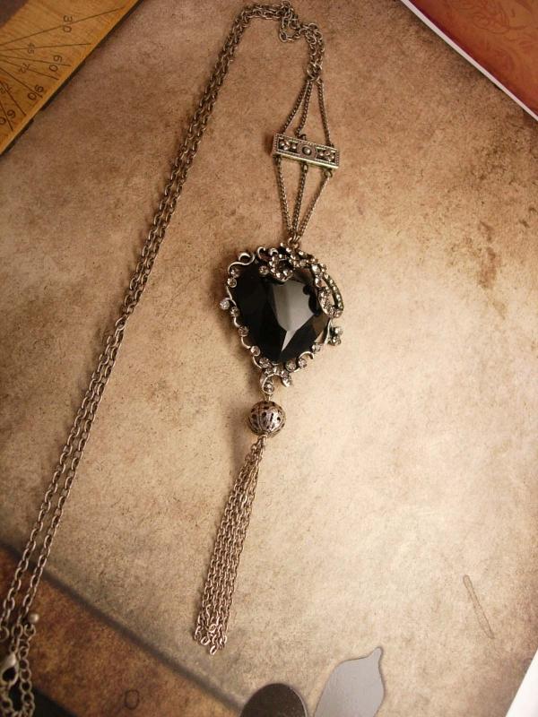 Gothic Black Heart Rosary necklace with tassel in gunmetal