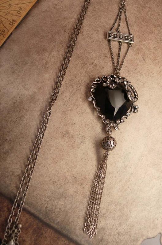 Gothic Black Heart Rosary necklace with tassel in gunmetal