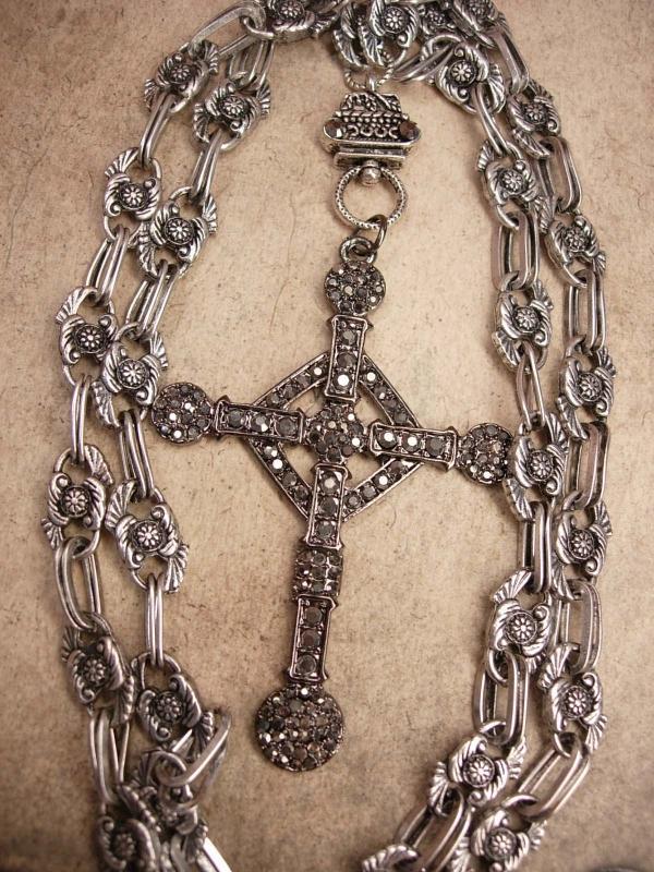 HUGE Gothic marcasite Cross necklace Elaborate nouveau style chain