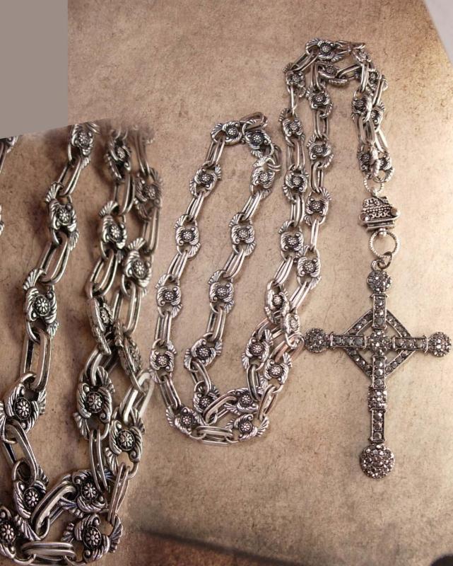 HUGE Gothic marcasite Cross necklace Elaborate nouveau style chain