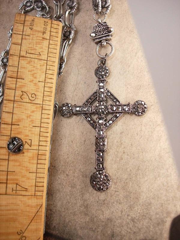 HUGE Gothic marcasite Cross necklace Elaborate nouveau style chain