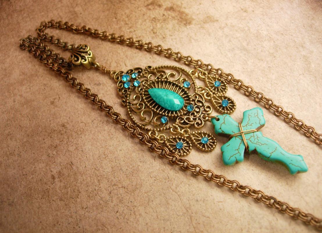 Bohemian Cross necklace Tuquoise carved gothic cross with victorian filigree