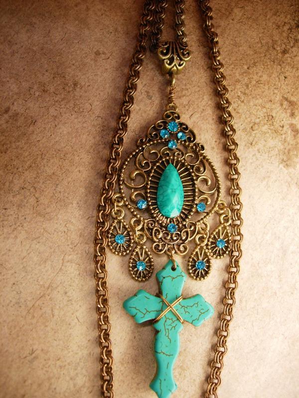 Bohemian Cross necklace Tuquoise carved gothic cross with victorian filigree