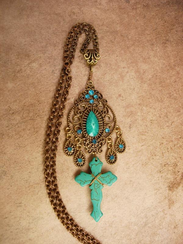 Bohemian Cross necklace Tuquoise carved gothic cross with victorian filigree