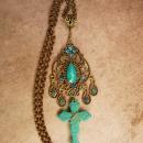 Bohemian Cross necklace Tuquoise carved gothic cross with victorian filigree