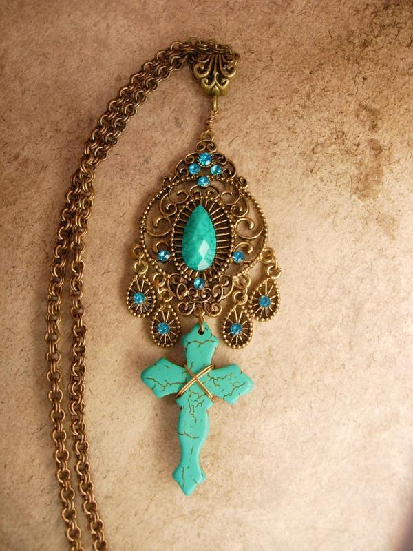 Bohemian Cross necklace Tuquoise carved gothic cross with victorian filigree