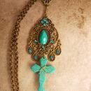 Bohemian Cross necklace Tuquoise carved gothic cross with victorian filigree