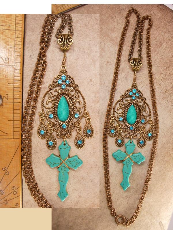 Bohemian Cross necklace Tuquoise carved gothic cross with victorian filigree