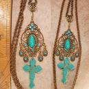 Bohemian Cross necklace Tuquoise carved gothic cross with victorian filigree