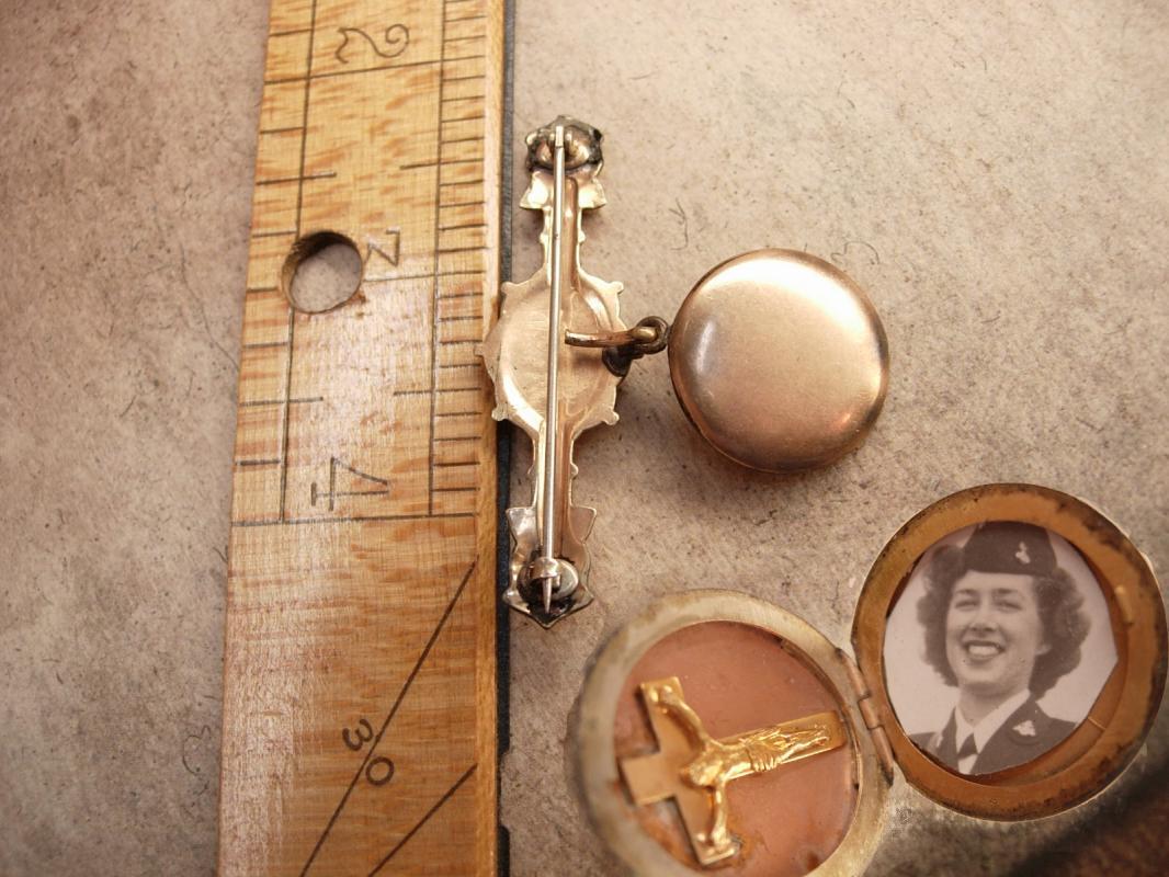 Antique Victorian Brooch Locket with religious medal crucifix & military photo with history