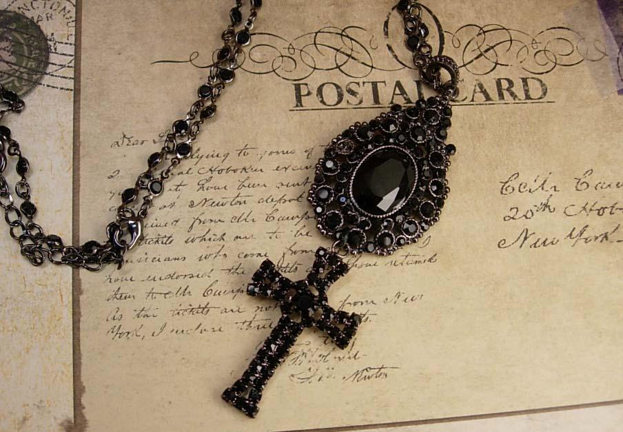 Gothic Black Rhinestone Cross necklace Rosary glass beads