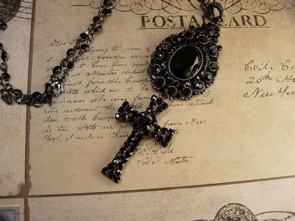 Gothic Black Rhinestone Cross necklace Rosary glass beads