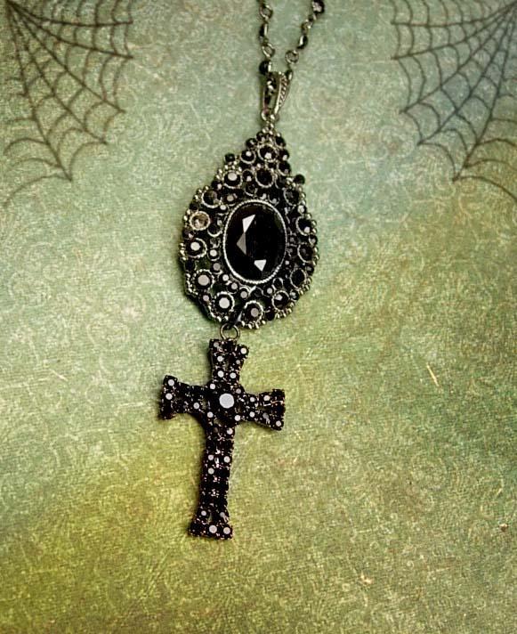 Gothic Black Rhinestone Cross necklace Rosary glass beads