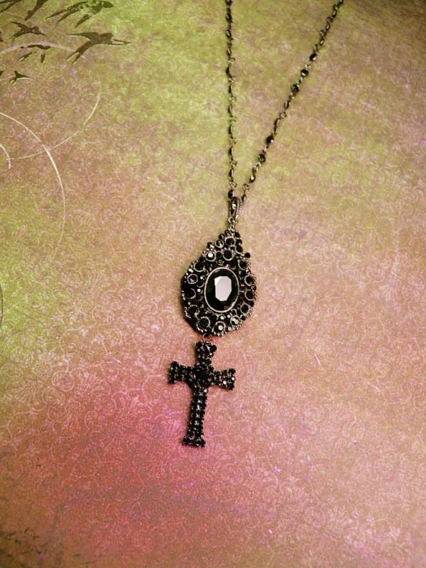 Gothic Black Rhinestone Cross necklace Rosary glass beads