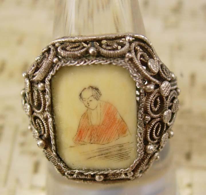 ANtique Chinese Carved Ivory Silver Emperor RING