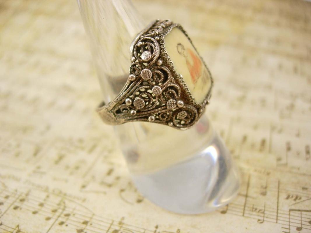 ANtique Chinese Carved Ivory Silver Emperor RING